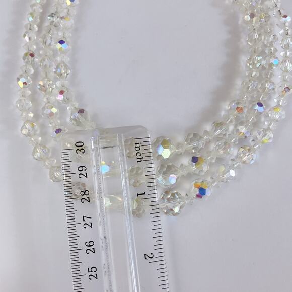 VTG Mid Century AB Crystal Triple Strand Necklace Aurora Borealis 1950s Bridal - Picture 7 of 12